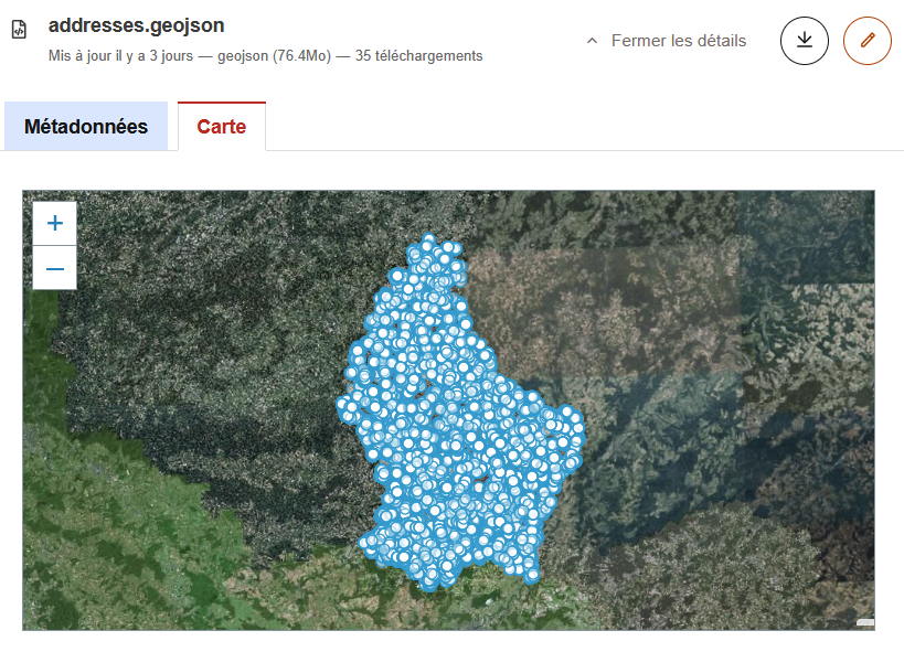 Capture d'écran de la prévisualisation sous forme de carte des adresses géoréférencées